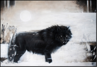 Painting of a large intimidating but gentle black wolf standing in a snowstorm observing the viewer. a full moon is in the sky behind him.